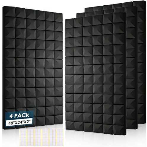 4 Pack Acoustic Panels, 48 x 24 x 2 ound Proof Foam High Density Studio Wedge Tiles Fire Resistant Acoustic Panels for Home,Office, Recording Room, Studio (Black-4 Pack)