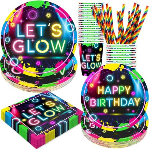 Let's Glow - Juego de 120 decoraciones de fiesta de cumpleaños desechables y radiantes con platos, servilletas, vasos y pajitas, 24 piezas