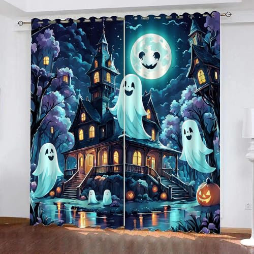 Halloween Gardinen Weißer Geist 2 Stück H 160Cm X B 70Cm, Vorhang Blickdicht Ösen Kurz,Verdunklungsvorhänge Kinderzimmer Mädchen Jungen,Kinder Vorhang Verdunkelung Für Schlafzimmer,A1