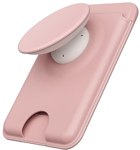 Sinjimoru Phone Wallet for MagSafe, Phone Card Holder with Grip, Pink | M-Tap Tok Wallet, 3200G strength, soft silicone finger holder, vegan leather, phone stand, fits iPhone 17-12