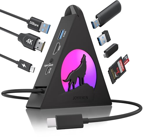Vertical USB C Multi Port Hub, 8-in-1 USBC HDMI Hub with 4K, 100W Power Delivery Charging, 5Gbps 3 USB-A, USB-C 3.0, SD/TF Card Reader, RGB Wolf Multi-Port Adapter for MacBook Pro, Mac mini, iMac, HP
