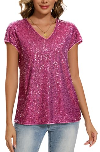 MINTLIMIT Damer paljetter glitter toppar topp kortärmad v-ringad t-shirt blus mössa ärmar fritid fest festival klubb, R-hot rosa, XXL