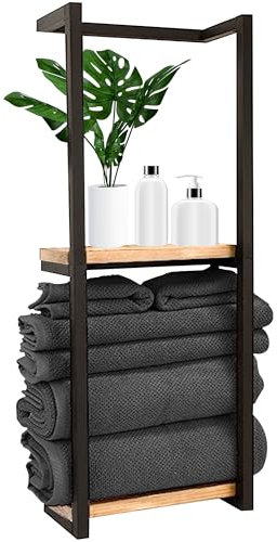 Vonia Porte-Serviettes Mural - Sèche Serviette de Salle de Bain - Pratique Support Serviette Salle De Bain - avec 2 Crochets (Noir/Bois)