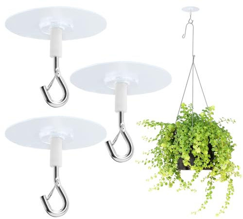 teasteam 3 Pcs Adhesive Ceiling Hooks: Silver, Metal, PP - No Drill Required, Heavy Duty, Outdoor Decorative Hooks for Plants, Lights, Wind Chimes, Bird Feeders
