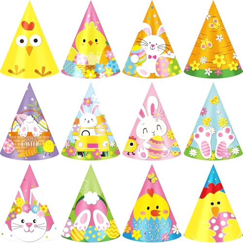 Jadive 24 Pcs Colorful Party Cone Hats Paper Headwear Bunny Chick Carrot Colorful Eggs Yellow Novelty Cone Hat Photo Props Favors Basket Filler Celebrations Party Supplies