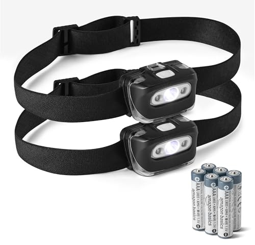 Amazon Basics LED Stirnlampe mit 7 Lichtmodi - Verstellbare Camping-Kopflampe mit Rotem Sicherheitslicht - Wasserfeste Outdoor-Kopfleuchte - Batterien Inklusive - Schwarz - 2er Pack