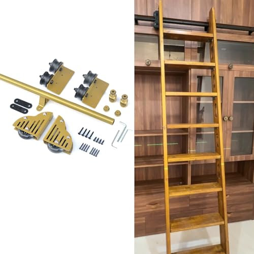 WUNMSKZR Rolling ladder Rolling Library Ladder Hardware Kit | With Floor Roller Wheels (No Ladder) | Gold Metal Round Tube Mobile Ladder Tracks | For Home/Indoor/Loft(16ft/488cm Track kit)
