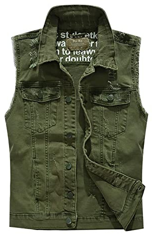 Herr denim väst – ärmlös denimjacka herr vardaglig utomhus denimjacka vintage cowboy väst med flera fickor mode rippad denim väst enfärgad cyklist väst streetwear, gRÖN, 4XL