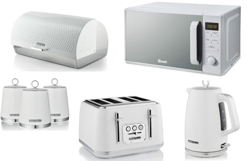 Swan Elegance White 1.7L Kettle, 4 Slice Toaster, Breadbin, Canisters and 800W 20L Digital Microwave. Contemporary Matching Kitchen Set of 7 with a Premium Textured White Finish