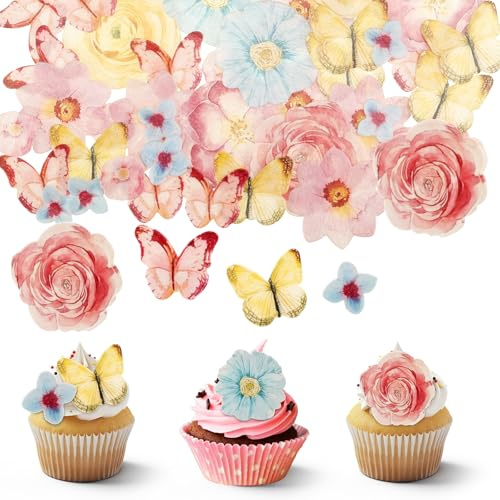 50 Pcs Edible Blossoms Cake Decorations, Edible Flowers Butterfly Cupcake Toppers,Food Decoration For Wedding Baby Shower Party Anniversary Birthday- Mixed Size & Colour (102 Pcs(Mixed Colour))