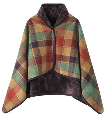 CSARPECT Poncho Pile Donna, Flanella Mantello Scialle Indossabile Caldo Invernale con Bottoni Wrap Cape, Coprispalle Coperta Plaid Sciarpa