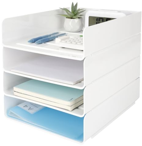 Otauoaea 4 Bandejas Oficina Apilables, Blanca Plastico Pet Organizador Escritorio, Bandeja Escritorio, Bandeja Portadocumentos A4, Organizador para Papeles, Documentos, Folios, Material Oficina