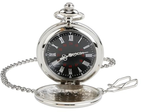 Lueden Pocket Watch for Men Quartz Watch with Black Dial and Chain Roman Numeral Pocket Fob Watches Stylish Modern Fob Watches Gift for Father's Day, Birthday, Anniversary, Valentine's Day, Silver