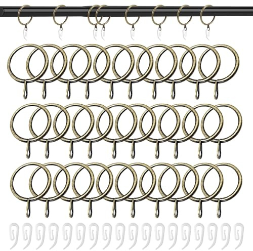 100 PCS Brass Curtain Rings and Hooks Set, 30mm Internal Diameter Curtain Pole Rings Durable Brass Curtains Ring, White Curtains Hooks Suitable for Bedrooms Living Rooms and Offices
