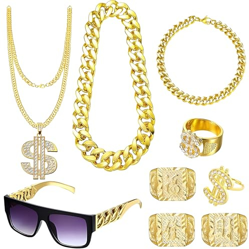 cadelon 90s Gold Digger Costume Kit: 9Pcs Hip Hop Accessories with Fake Gold Chain, Money Necklace & Rapper Sunglasses for 80s/90s Fancy Dress Women & Men - Theme Party