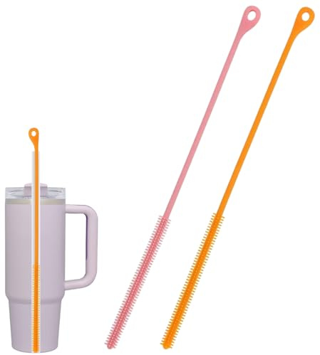 2PCS Silicone Straw Cleaner Brush, Pink and Orange Reusable Straw Brush for Straws, Non-slip Handle Soft and Bendable, 9 mm Long Cleaner for Straight and Bent Pipe