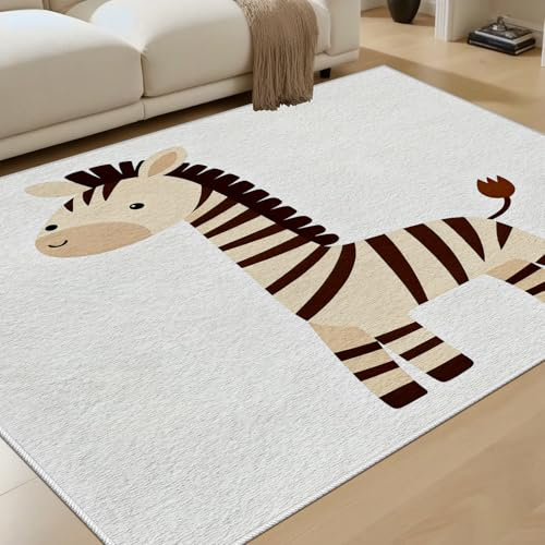 RRUxiia Zebra Wohnzimmer Kurzflor Teppich 150x240 cm Tiere Cartoon Muster rutschfest, Waschbar, kuschel Beige Teppich für Esszimmer, Schlafzimmer, Bettvorleger