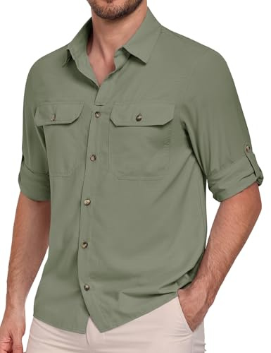 Xnova Camicia Trekking Uomo a Maniche Lunghe UPF50+, Funzionale Camicie Abbottonata Safari Traspirante Tempo Libero Protezione UV Tops con Tasche (Verde, M)