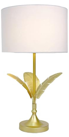Relaxdays Lampe de Table Palmier, Abat-Jour en Tissu Blanc/doré, E14, 51x28x28 cm, Salon et Chambre