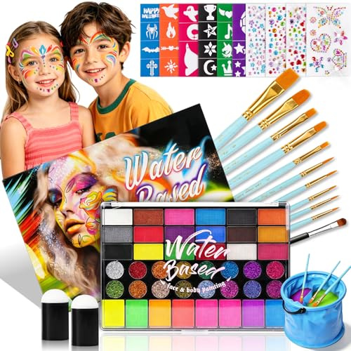 Gesichtsfarben Kinderschminken Set, 42 Farbe Schminkpalette Waschbar Bodypainting für Faschingsschminke Theaterschminke, Körperfarbe Kinder mit 10 Pinsel 6 Schablonen 4 Sticker für Halloween Karneval