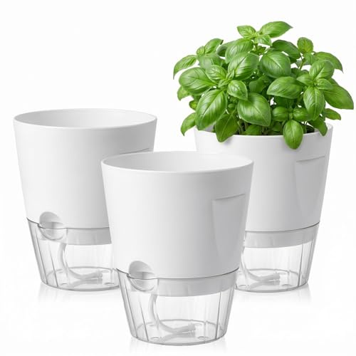 Gokemuak Kräutertopf Küche 3er Set mit Blumentopf Fensterbank selbstbewässernd Einfüllöffnung Griffmulden Leicht zu bewegen 17×10×15cm Ergonomische Griffe Kräutergarten Fensterbank Weiß