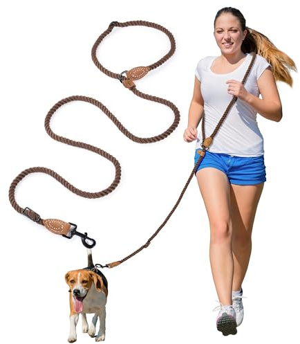Mile High Life Hands Free Dog Leash, Crossbody Waist Leash with Genuine Leather Connection, Multifunctional Adjustable Slip Lead for Dog Walking Running (Dark Brown, 7FT)