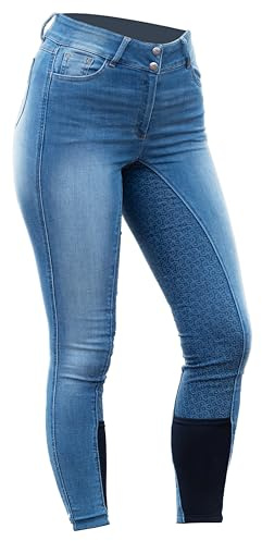 HORZE Kaia Womens Denim Horse Riding Pants | High Waist Silicone Full Seat Breeches - Lead Blue - 30