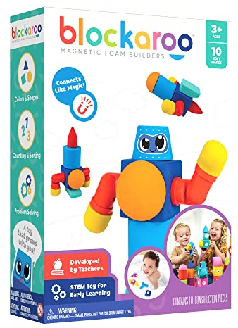 Blockaroo Magnetische Baukloetze als Lernspiel Fuer Kinder, paedagogisches Wasserspielzeug Set Fuer kreative Konstruktionen, optimal Fuer die Bannewanne, Roboter Box mit 10 Bausteinen