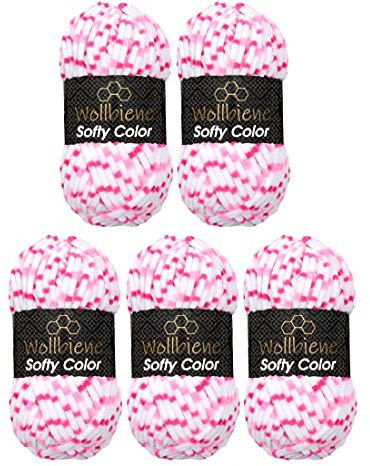 Wollbiene Softy Color 5 x 100 Gramm Chenillewolle Strickwolle, Babywolle, 500 Gramm Wolle Super Bulky (weiß-rosa-pink 113)