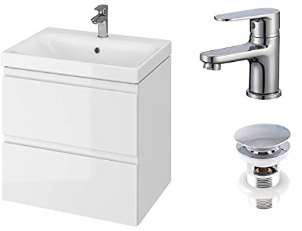 VBChome Badmöbel 60 cm Weiß mit Armatur und Pop-up ventil Waschbecken mit Unterschrank Waschtisch 2-Schubladen Badschrank Hängeschrank Moduo