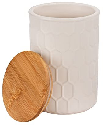 WENKO Tarro de almacenamiento Maya de cerámica blanca de calidad con estructura de panal, tarro apto para el lavavajillas con tapa hermética de bambú, certificado FSC®, 900 ml, Ø 11 x 16 cm
