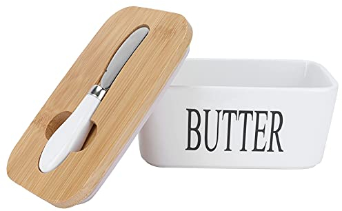 Mantequillera de Porcelana, Plato de Mantequilla con Tapa Herm Tica y Cuchillo de Mantequilla de Acero Inoxidable Plato de Mantequilla de Sellado Soporte Grande para Mantequilla para Cocina