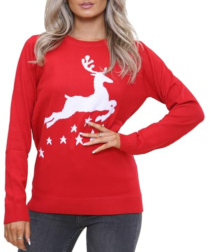 NOROZE Women's Xmas Jumper Merry Ladies Elf Pullover Knitted Sweater (12, Reindeer Stars Red)