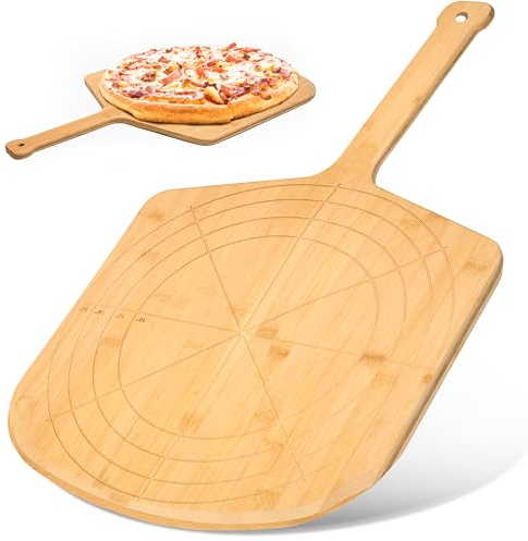 Loftern Holz Pizzaschieber 40 cm Pizzaschaufel mit eingravierten Größen - Mehrzweck Schneidebrett, Holzschieber für Pizza und Brot mit Größenführer und Schneidhilfe, Pizzaheber mit Gravur