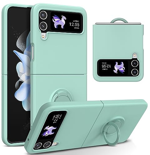 UEEBAI Silicone Case with Ring for Samsung Galaxy Z Flip 4 5G, Lightweight Foldable Slim Case Shock Absorption Slim Cover with Ring 360 Degree Rotation Stand Protective Cove - Light Green