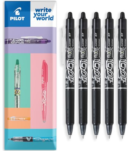 Pilot FriXion Clicker Tintenroller, Kugelschreiber, Stifte, fein, radierbar, einziehbare Spitze, 0,7 mm Spitze, 0,35 mm Strichbreite, 5 Stück, Schwarz