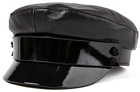 JOLIANE Männerfrauen-Flache obere echte Leder-Biker-Kappe mit Kette, schwarzes Leder - Schiebermützen(2XL(59-60cm))