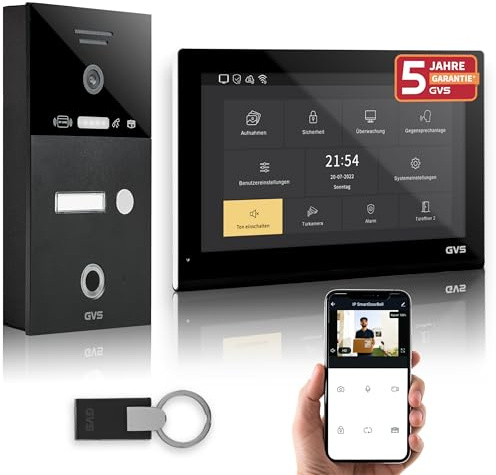 GVS Video Türsprechanlage mit Türöffner, Fingerprint, RFID, 4X 7 Monitore | Smarte Video Türklingel mit Kamera und Monitor & App - Gegensprechanlage für 1 Familienhaus (AVS5545A)