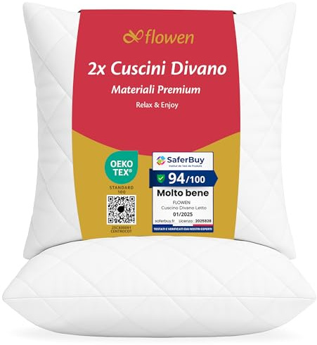Flowen Cuscini per Divano 40x40 Imbottitura Cuscini 2 pezzi Interno Decorativi Quadrati Morbidi con Federa Trapuntata Bianca Anallergici Antiacaro Arredo Casa Salotto Letto Lavabili