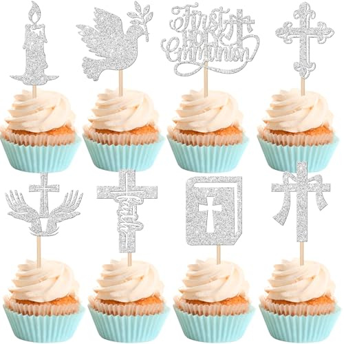 24 Packung Tortendeko Konfirmation Tortendeko Taufe Glitzer Kreuz Taufe Erst Communion Kuchen deko für Mädchen Junge Christliche Taufe Geburtstag Partyzubehör Silber