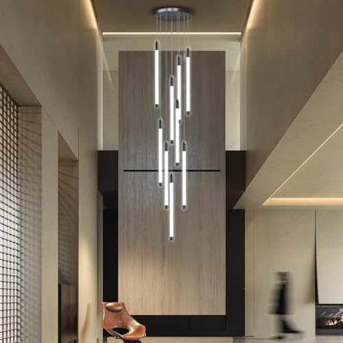 VTAMng Moderner LED Deckenleuchter mit Fernbedienung 9 Lichter Langer Foyer Kronleuchter für hohe Decken dimmbare Pendelleuchte für Eingangsbereich Treppenhaus Foyer Flur Wohnzimmer Hängelampe(Black)