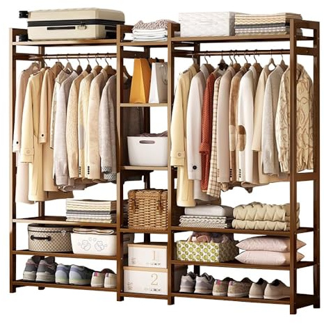 angroups Perchero Burro de Bambú, Armario Abierto Madera, Multifuncional Perchero de Pie con Estantes y Ganchos para Ropa Zapatos Bolsas Canastas, Colgador Ropa para Salón 170x30x150cm