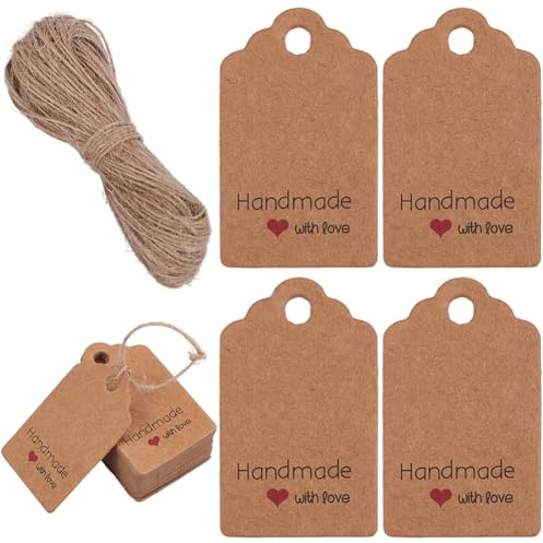 SOFPLATE 150 Stück „Handmade With Love“ Geschenkanhänger Geschenkverpackungsanhänger Burlywood Kraftpapier Rechteckig Rotes Herz Hängeetiketten Anhänger Mit 66 Fuß Juteschnur Für Heimwerker Basteln Ho