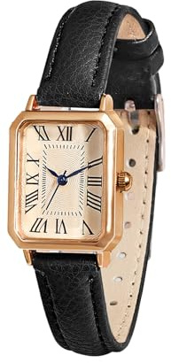BESTKANG Leather Strap Watches for Women Elegant Dainty Ladies Watch Vintage Rectangle Women Quartz Wrist Watch (Black Gold)