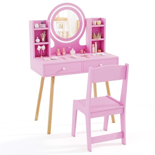 COSTWAY Kids Dressing Table, Girls Vanity Set with Stool, 2-Color LED Lights Mirror, Drawers, Storage Shelves, Make Up Pretend Dresser Desk Chair Set (Pink)