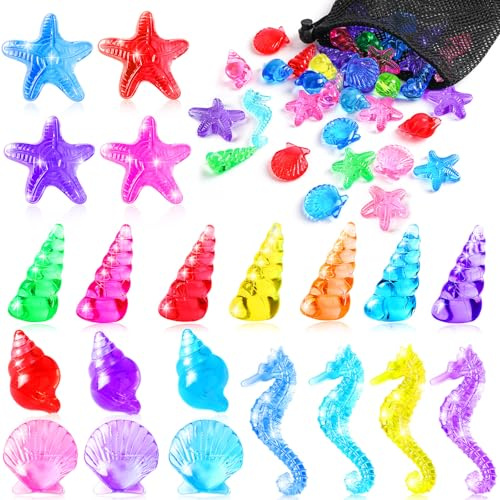 MARFOREVER 36 Stück Acryl-Muscheln, Tauchmuscheln, Edelsteine, Seesterne, Schnecken, Jakobsmuscheln, Edelsteine ​​für Strand, Unterwasser-Wurfspielzeug, Schwimmtraining, Sommer, Meerjungfrauen-Partyge