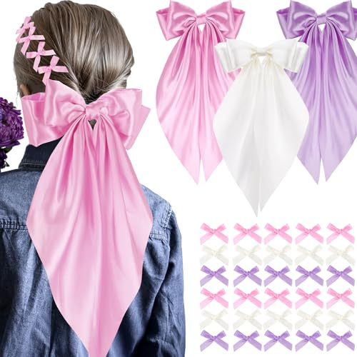 Aphlos 33PCS Satin Hair Bow Clip Set for Girls, 3 Large Ribbon Clips with Tails + 30 Mini Bows, Smooth Satin Alligator Barrettes for Ponytails, Braids, Thick or Curly Hair, Daily Wear and Party Styles