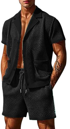 Herren Freizeitanzug Trainingsanzug Outfit Set Schlafanzug Set Transparent Mesh Pyjama Kurz Sexy Nachtwäsche Button Down Strand-2-teiliges Sets für Herren und Erwachsene Sommer Sleepwear