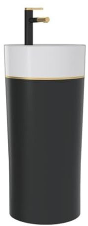 CAFIEDR Lavabo de Pedestal para baño, Lavabo de pie, Lavabo de Columna de cerámica Moderno de una Pieza, Lavabo Redondo de 15.7, Lavabo de Pedestal para baño Combinado con Kit d(Negro A)