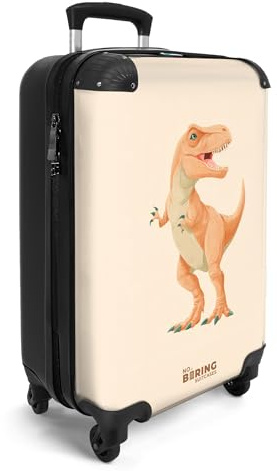 NoBoringSuitcases© Handgepäck Koffer Kinder Reisekoffer Kinderkoffer mit 4 | 55x35x20 cm - Rollen Leicht Cabin Trolley Hartschalenkoffer Flugzeug T-rex - Dino - Orange - Beige